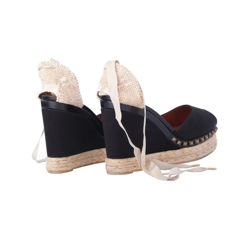 Marc Jacobs Black Studded Espadrille Wedges with Ankle Ribbon Ties - '10s Black Canvas Good - Inside View
