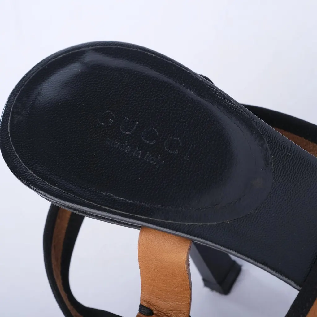 Gucci Leather Colorblock Pattern T-Strap Sandals- '10s Black Leather Good - Box View