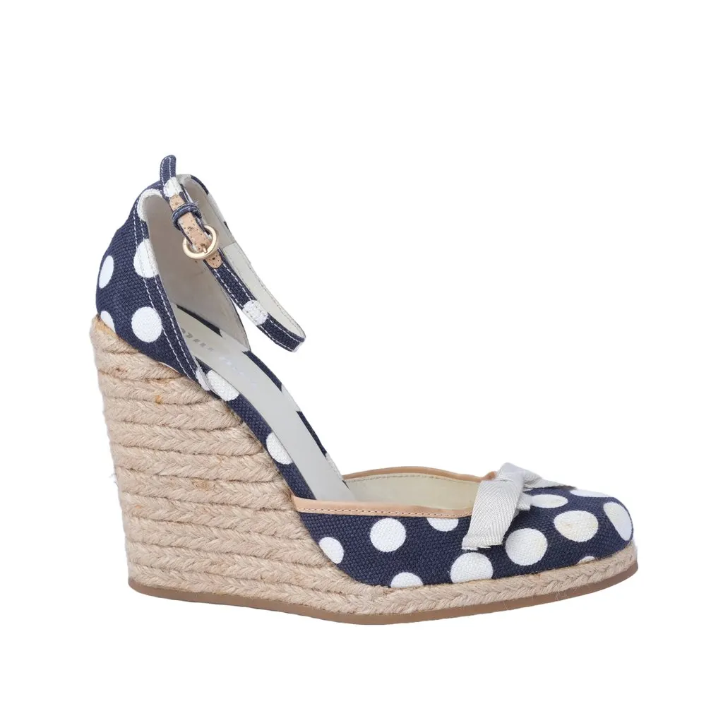 Miu Miu Polka-Dot Canvas Espadrille Wedges - ’10s Navy Canvas Good - Front View
