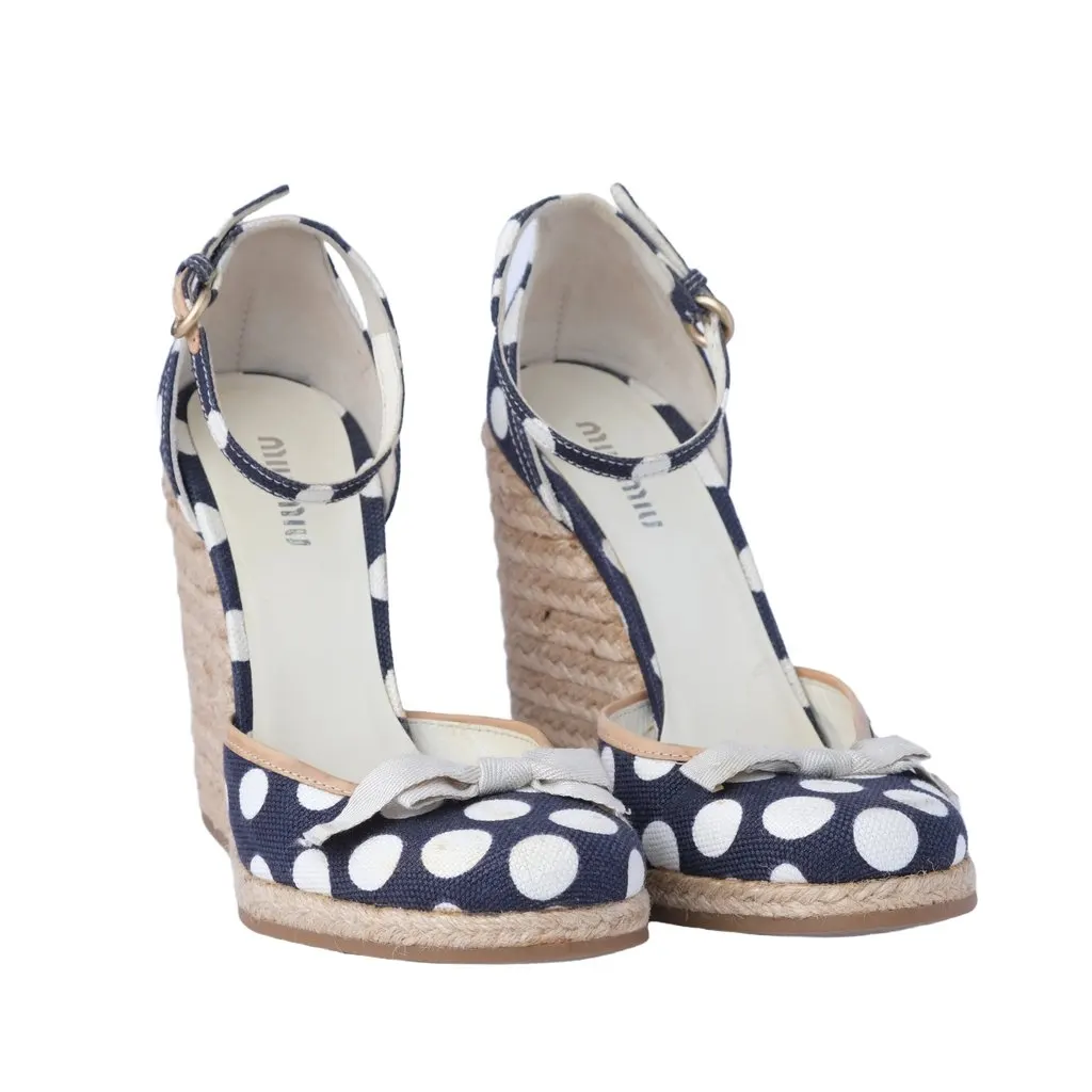 Miu Miu Polka-Dot Canvas Espadrille Wedges - ’10s Navy Canvas Good - Back View