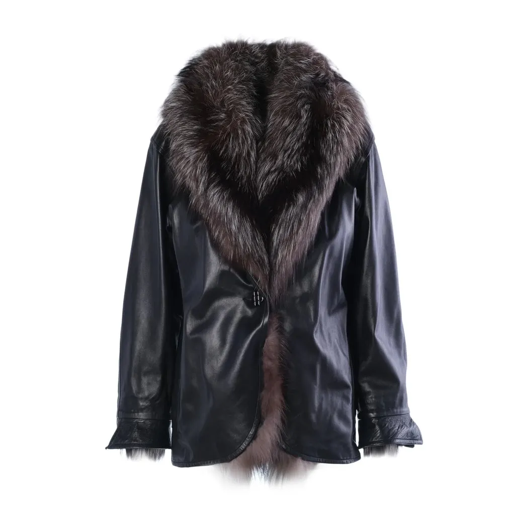 Yves Saint Laurent Black Leather Coat with Silver Fox Fur Trim -'90s Black Leather Good - Front View