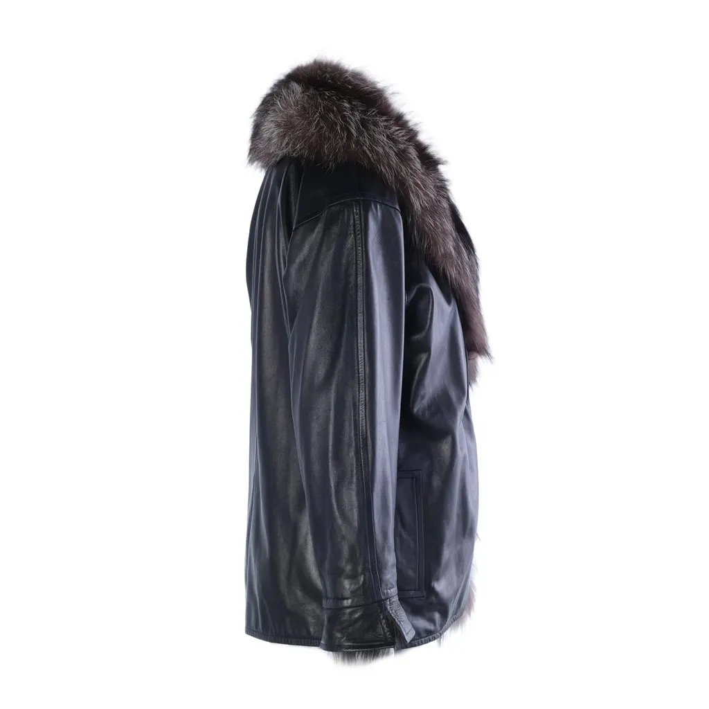 Yves Saint Laurent Black Leather Coat with Silver Fox Fur Trim -'90s Black Leather Good - Back View