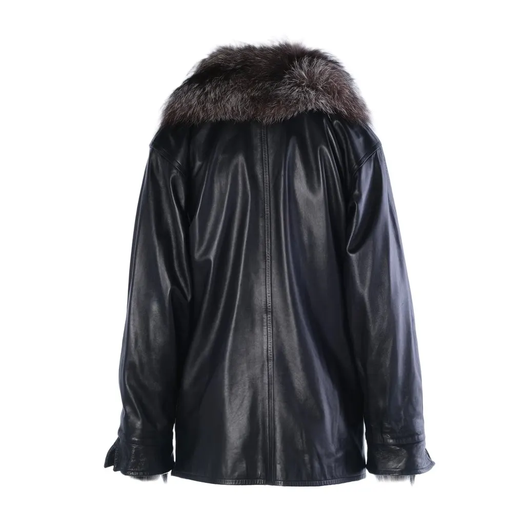 Yves Saint Laurent Black Leather Coat with Silver Fox Fur Trim -'90s Black Leather Good - Inside View