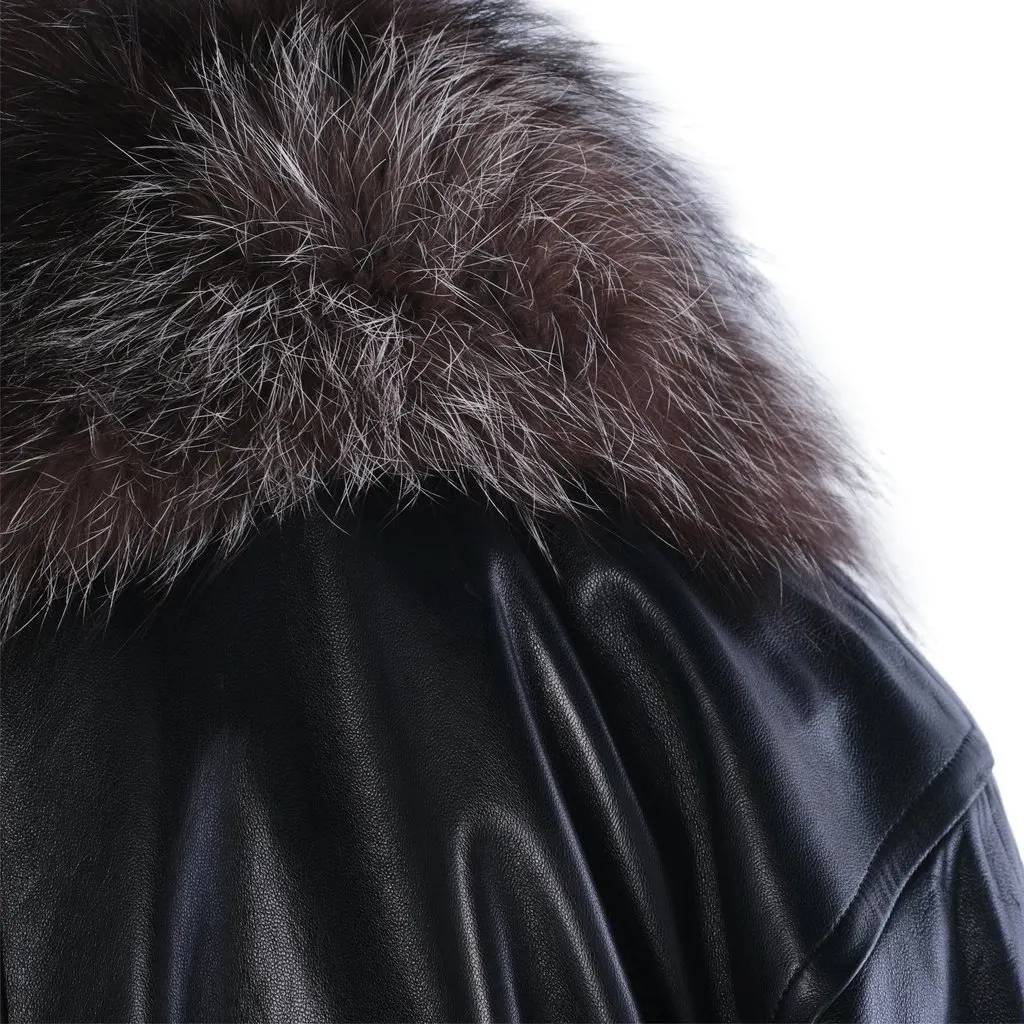 Yves Saint Laurent Black Leather Coat with Silver Fox Fur Trim -'90s Black Leather Good - Model View