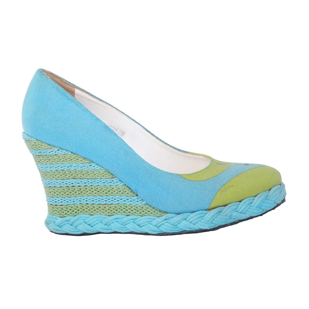 Unsigned Striped Wedge Pumps -'80s Green Wool Good - Front View