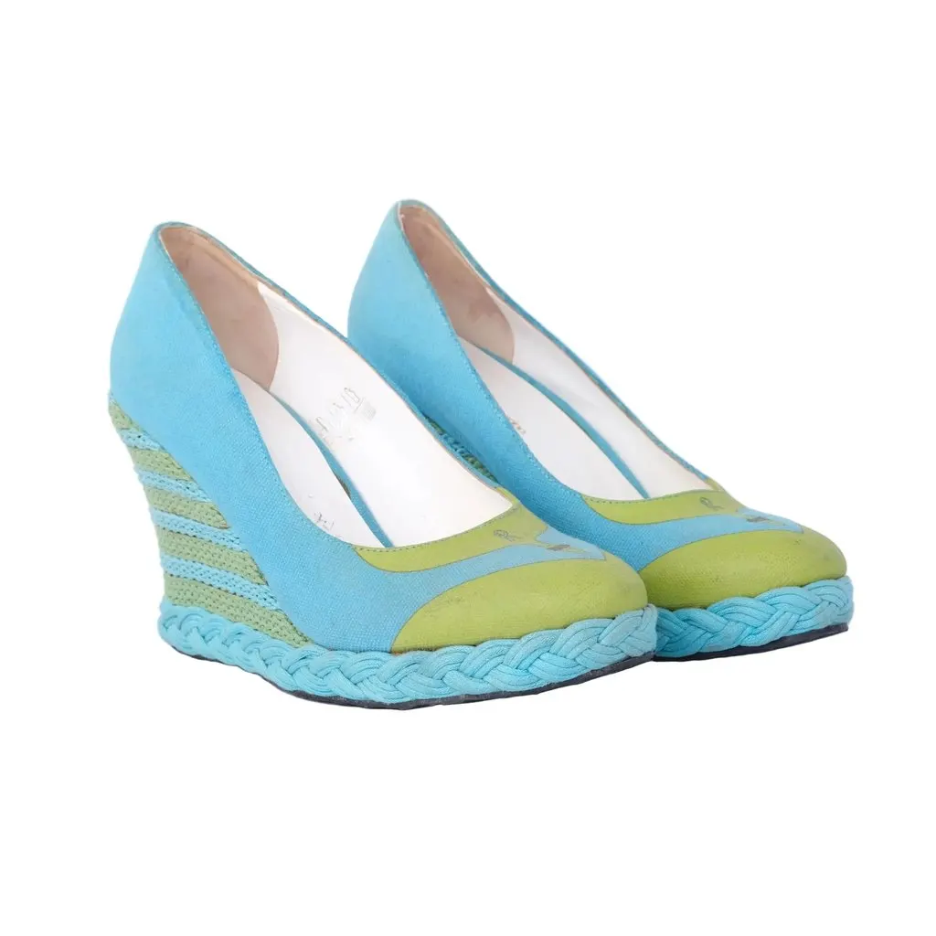 Unsigned Striped Wedge Pumps -'80s Green Wool Good - Back View