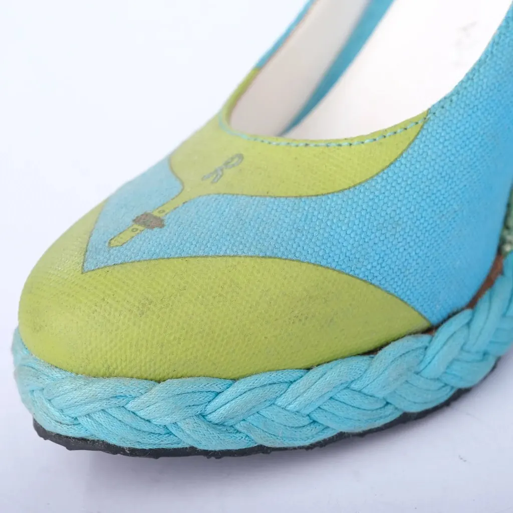 Unsigned Striped Wedge Pumps -'80s Green Wool Good - Box View