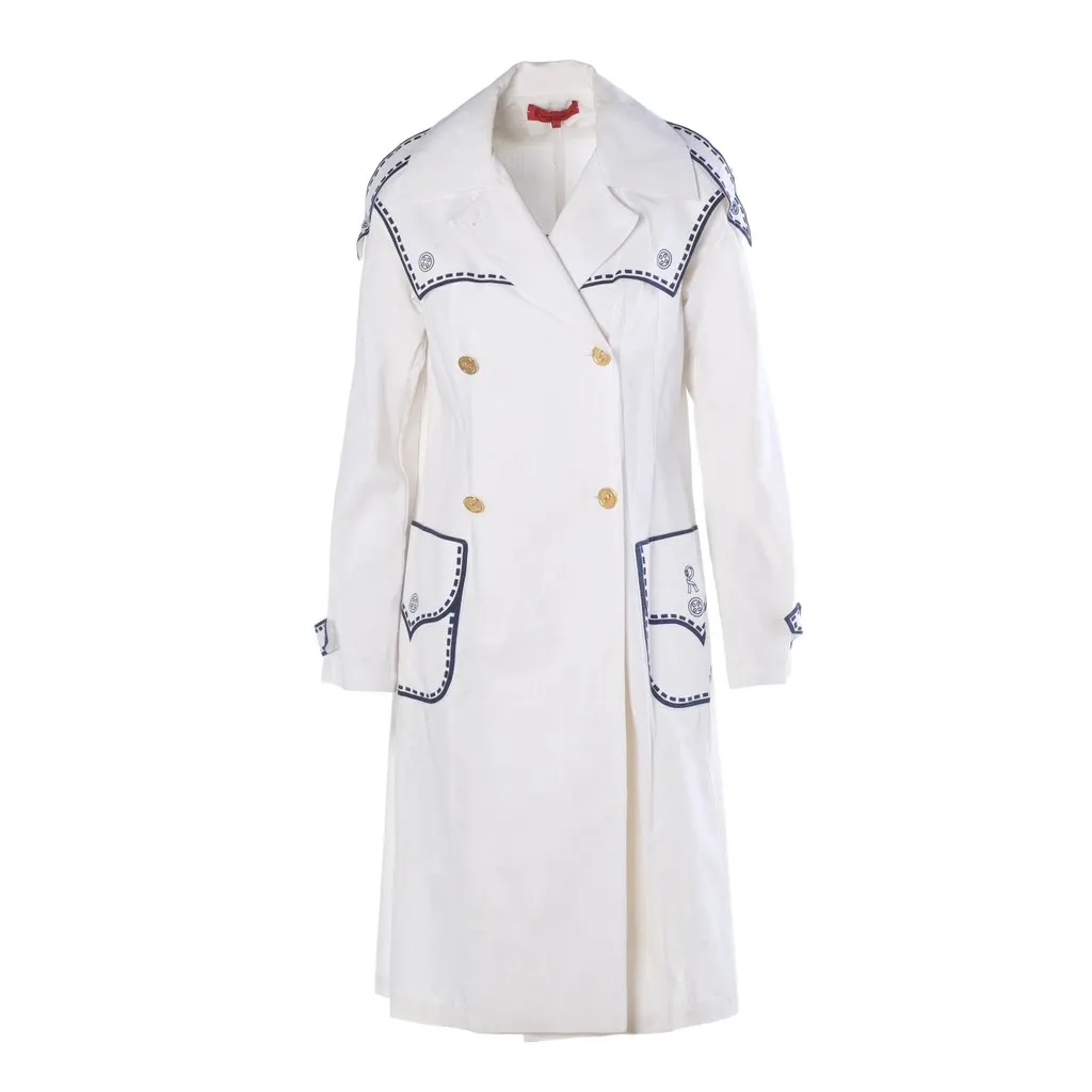 Unsigned Nautical Trompe-L'œil Cotton Coat -'70s White Wool Good - Front View