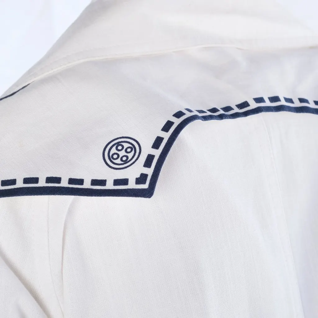 Unsigned Nautical Trompe-L'œil Cotton Coat -'70s White Wool Good - Model View