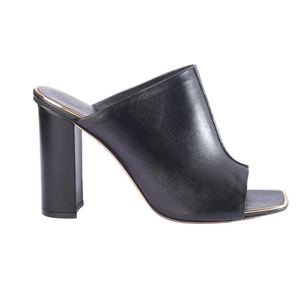 Celine Black Leather Flat Slides With Gold-Tone Details - '10s Black Leather Good - Front View