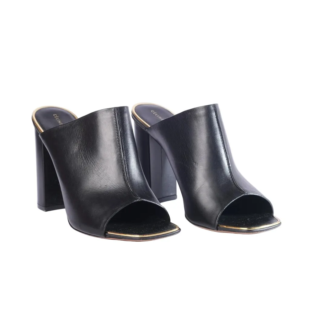 Celine Black Leather Flat Slides With Gold-Tone Details - '10s Black Leather Good - Back View