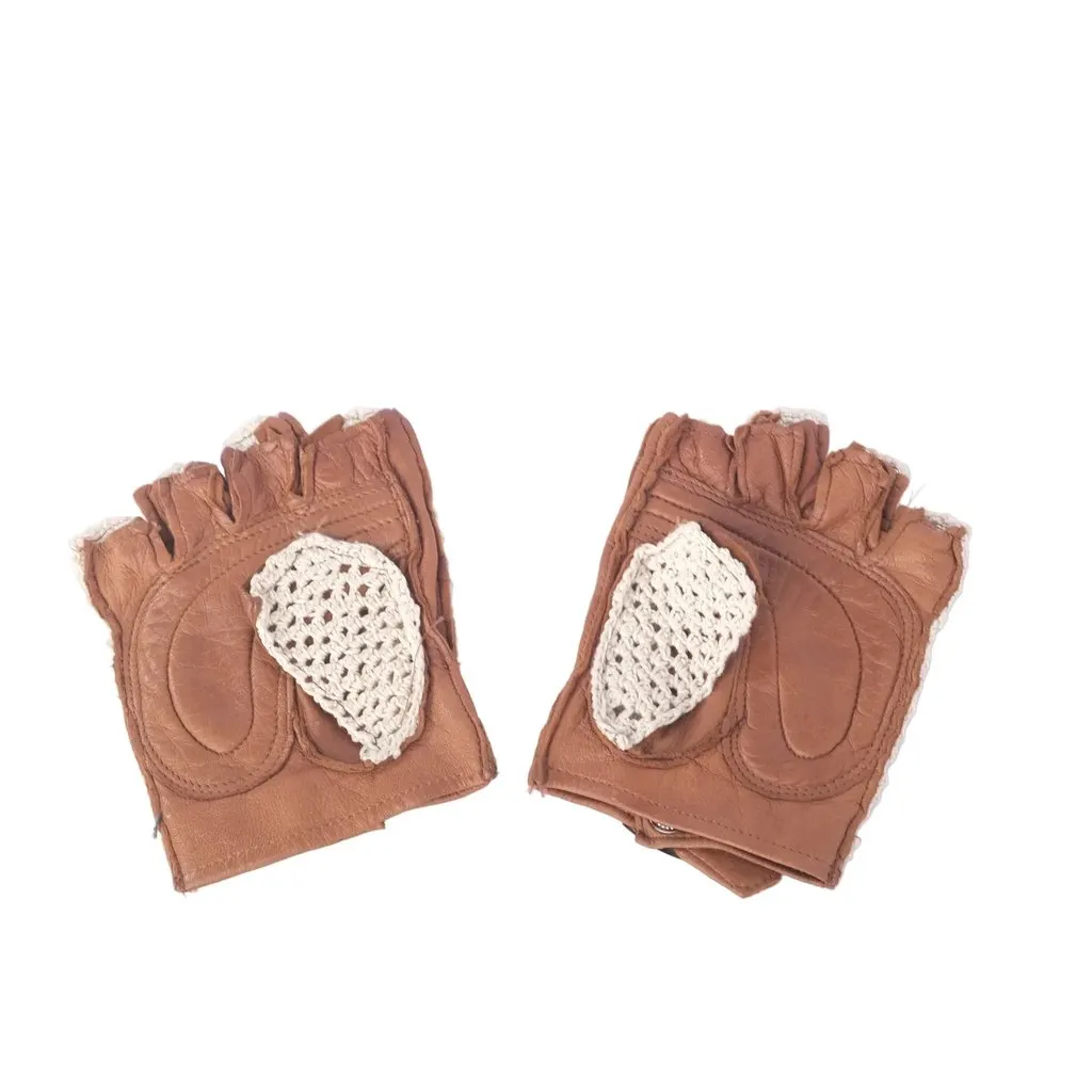 Unsigned Vintage Crochet and Leather Fingerless Gloves-'90s Beige Leather Good - Back View