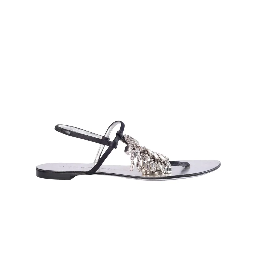 Unsigned Casadei Black Jeweled Thong Sandals with Crystal Embellishments - '10s Black Satin Good - Front View