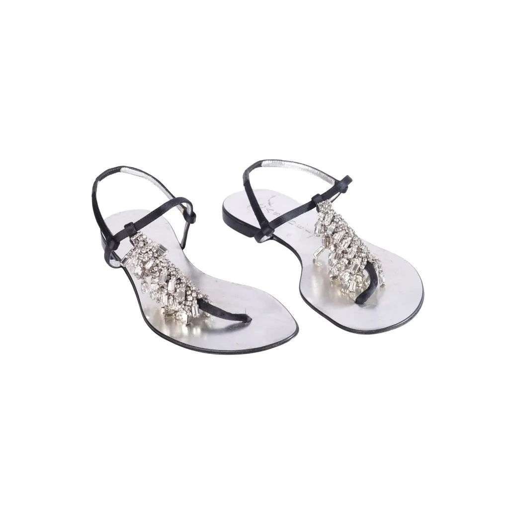Unsigned Casadei Black Jeweled Thong Sandals with Crystal Embellishments - '10s Black Satin Good - Back View
