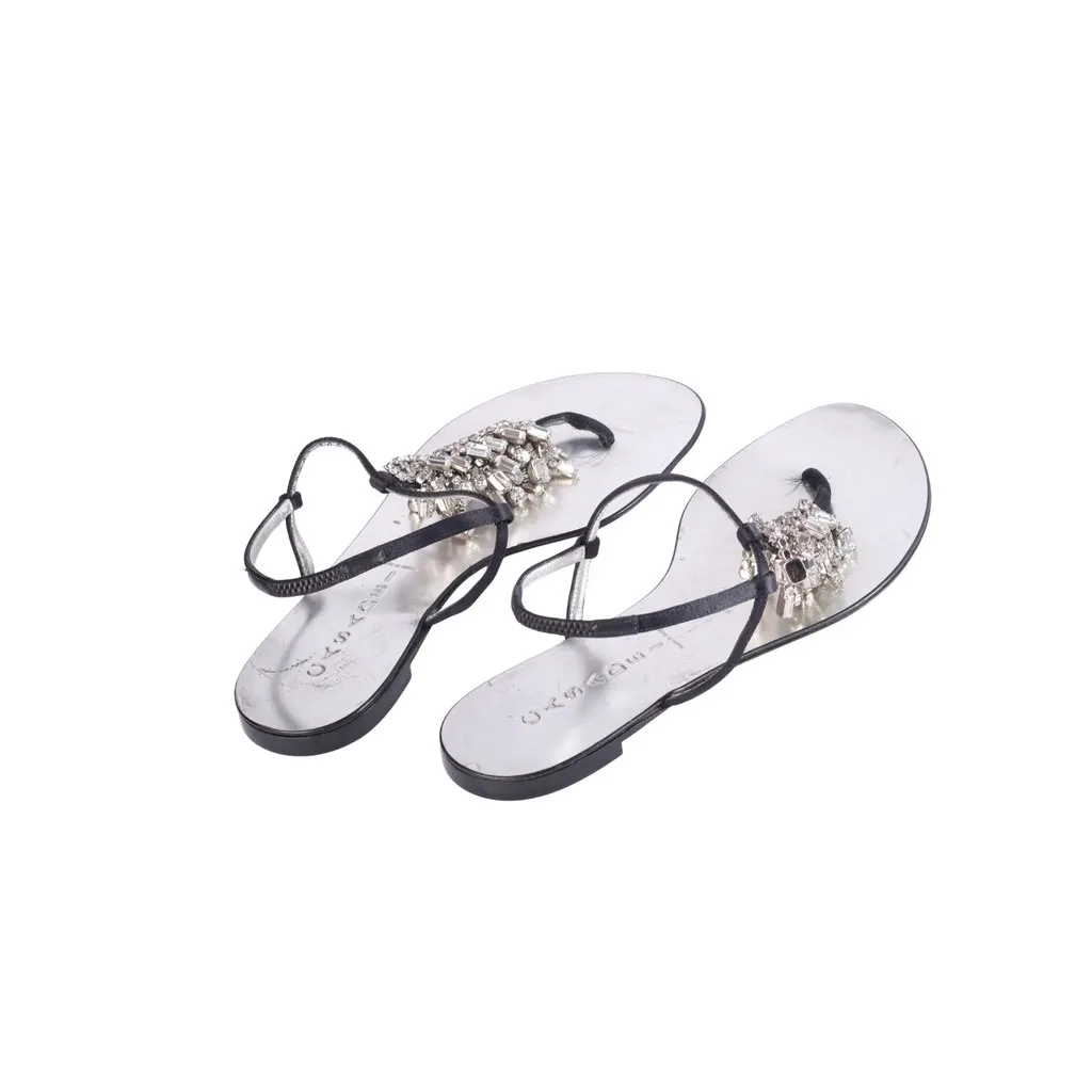 Unsigned Casadei Black Jeweled Thong Sandals with Crystal Embellishments - '10s Black Satin Good - Inside View