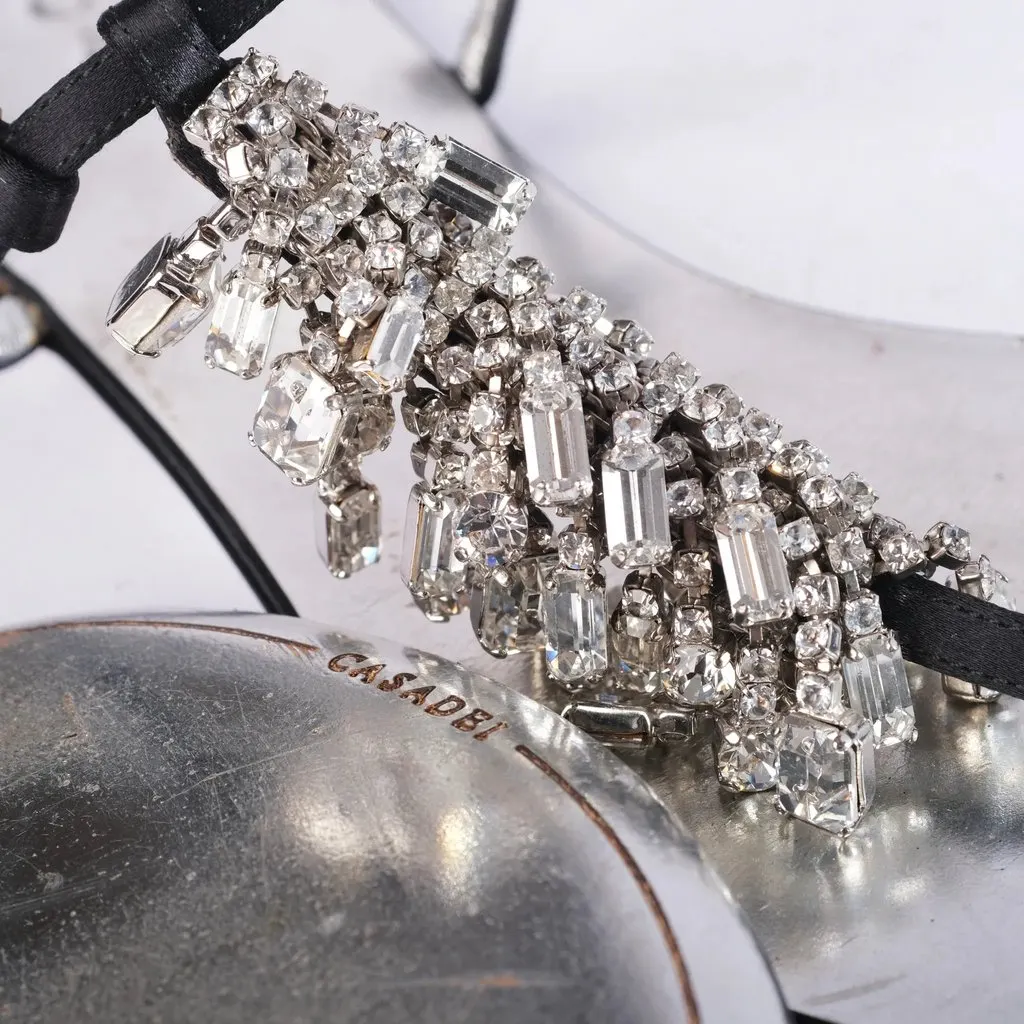 Unsigned Casadei Black Jeweled Thong Sandals with Crystal Embellishments - '10s Black Satin Good - Model View