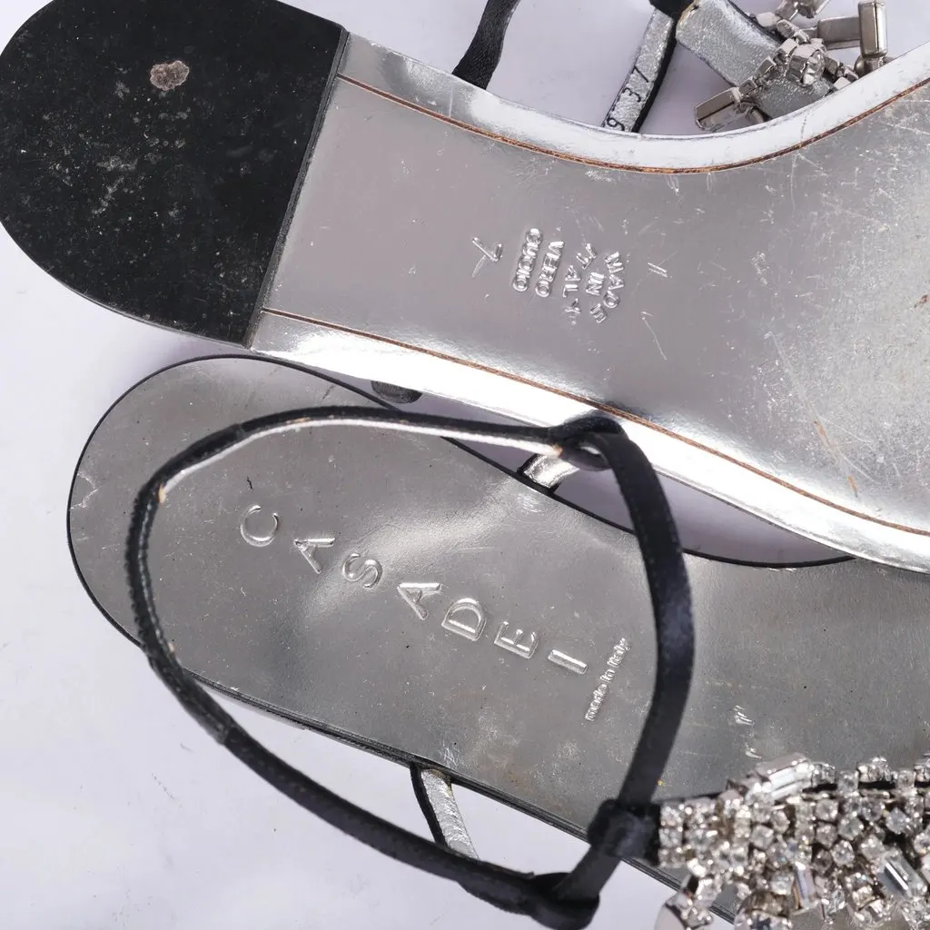 Unsigned Casadei Black Jeweled Thong Sandals with Crystal Embellishments - '10s Black Satin Good - Box View