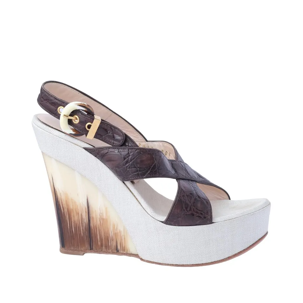 Unsigned Casadei Brown Crocodile Effect Leather Wedge Sandals - '10s Brown Leather Good - Front View