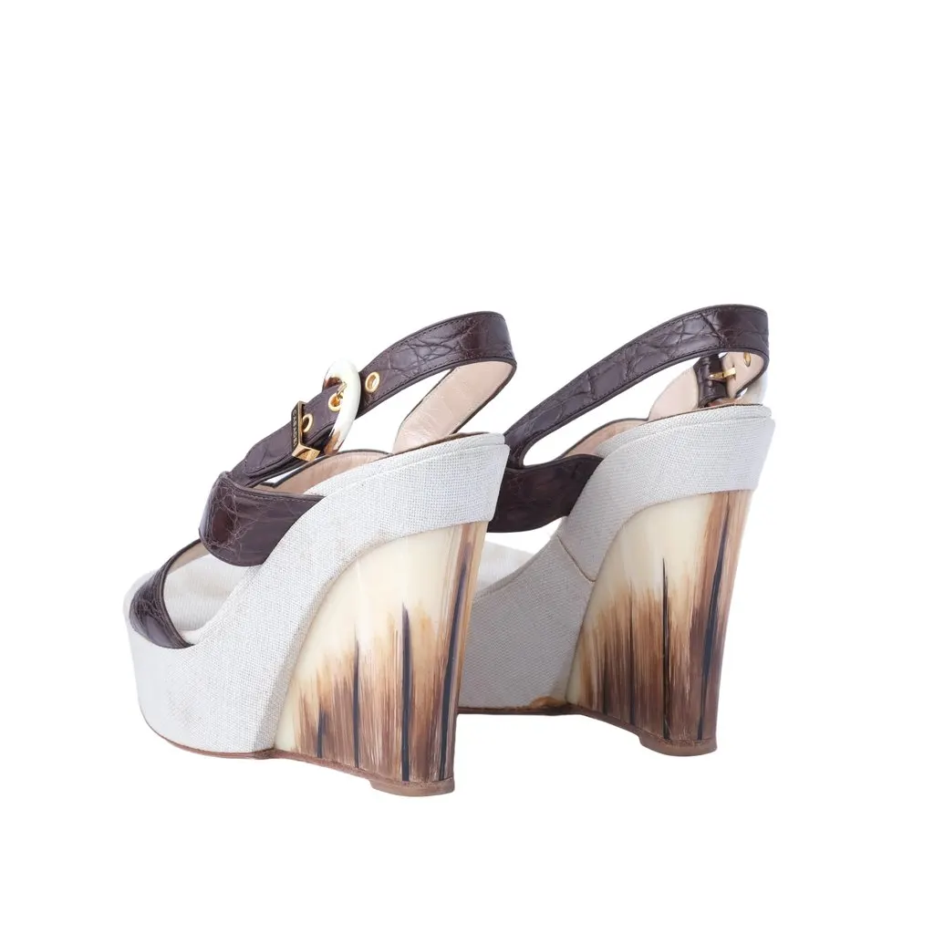 Unsigned Casadei Brown Crocodile Effect Leather Wedge Sandals - '10s Brown Leather Good - Inside View