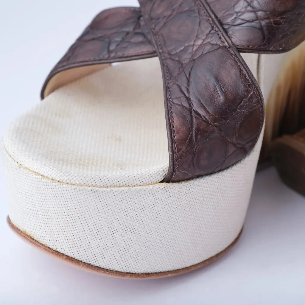 Unsigned Casadei Brown Crocodile Effect Leather Wedge Sandals - '10s Brown Leather Good - Model View