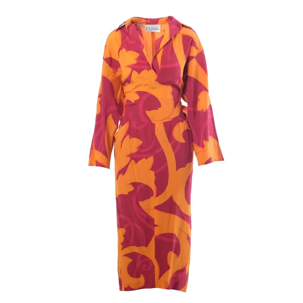 Gianfranco Ferré Baroque Print Silk Dress with Oversized Bow – '80s Red Silk Good - Front View