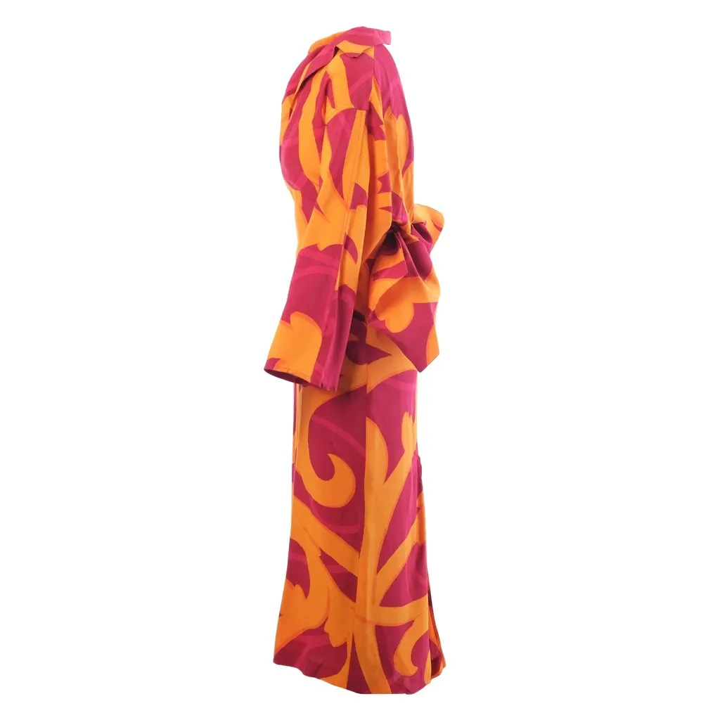 Gianfranco Ferré Baroque Print Silk Dress with Oversized Bow – '80s Red Silk Good - Back View