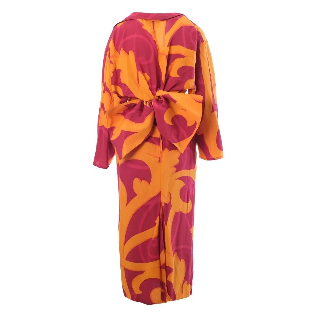 Gianfranco Ferré Baroque Print Silk Dress with Oversized Bow – '80s Red Silk Good - Inside View
