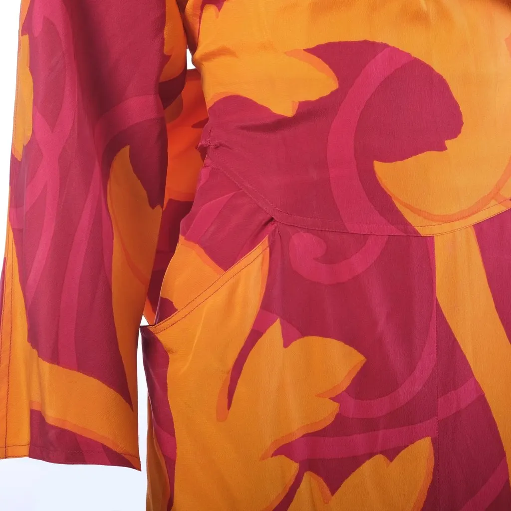 Gianfranco Ferré Baroque Print Silk Dress with Oversized Bow – '80s Red Silk Good - Model View