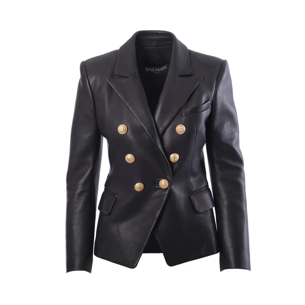 Balmain Black Leather Double-Breasted Blazer - '20s Black Leather Good - Front View