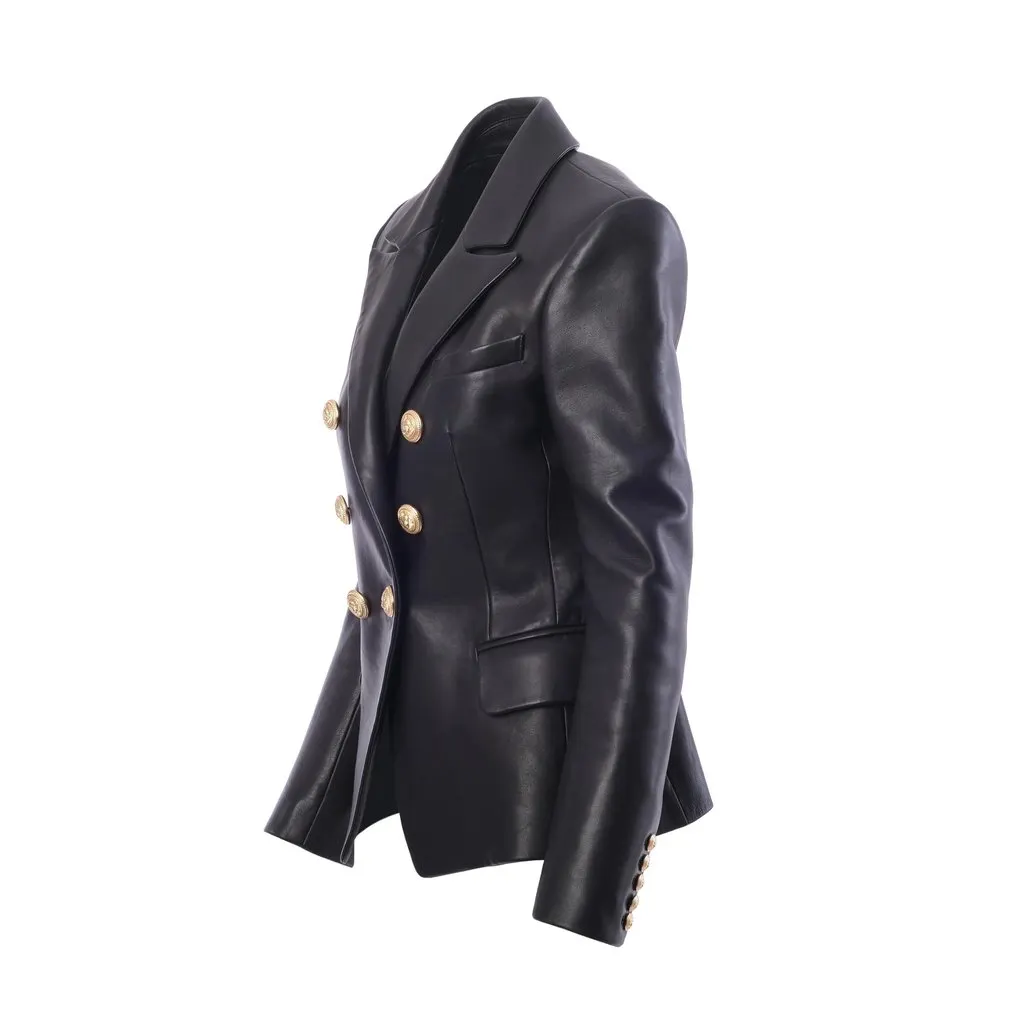 Balmain Black Leather Double-Breasted Blazer - '20s Black Leather Good - Back View