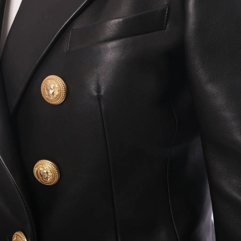 Balmain Black Leather Double-Breasted Blazer - '20s Black Leather Good - Model View