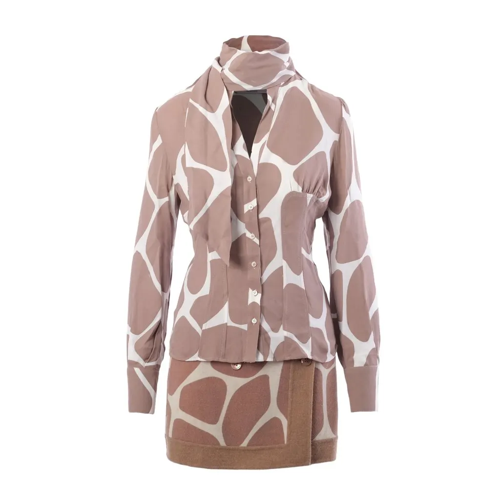 Valentino Red Valentino Giraffe Print Silk Blouse with Scarf - '90s