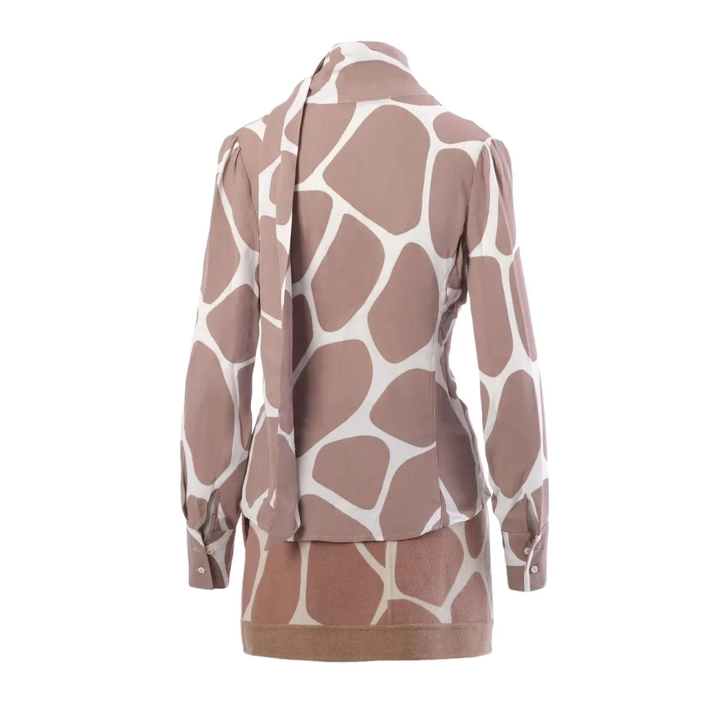 Valentino Red Valentino Giraffe Print Silk Blouse with Scarf - '90s Red Silk Good - Inside View