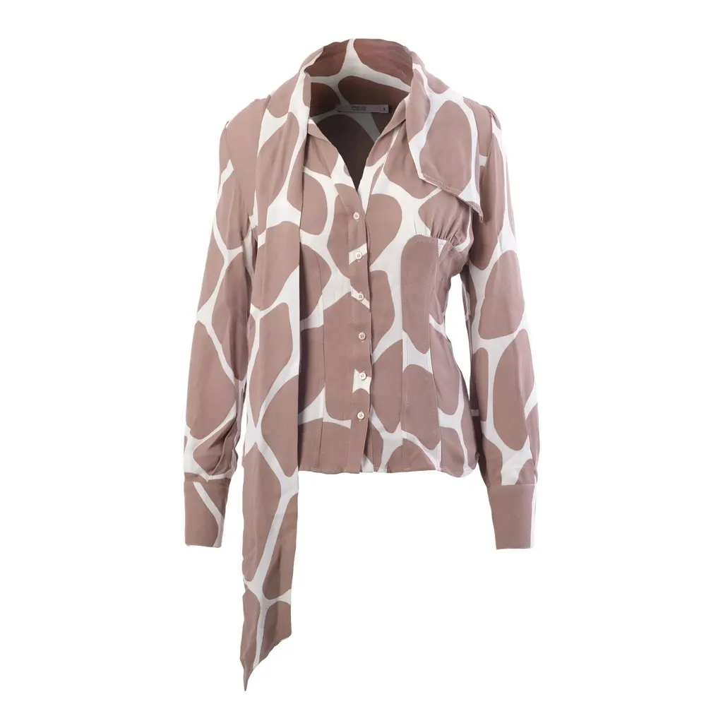 Valentino Red Valentino Giraffe Print Silk Blouse with Scarf - '90s Red Silk Good - Model View