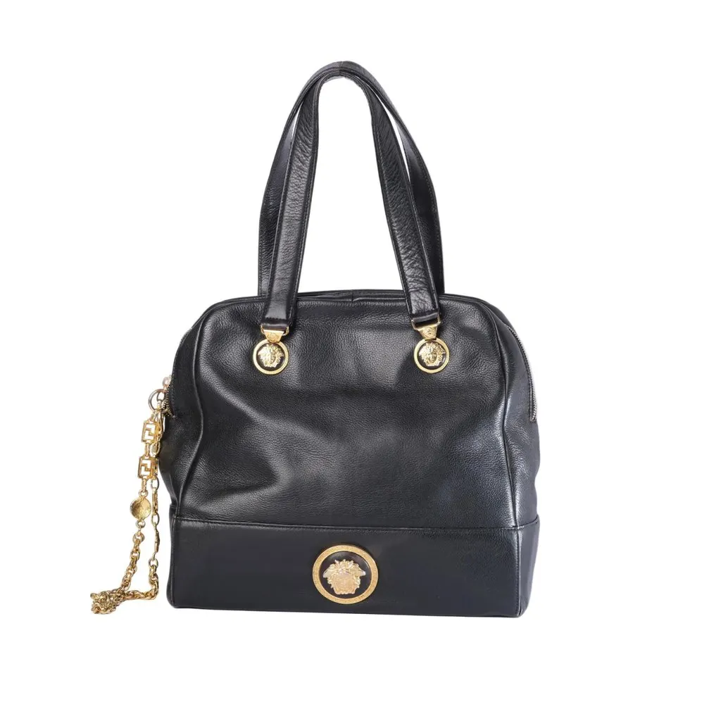 Gianni Versace Medusa Medallion Handbag- '80s Black Leather Good - Front View