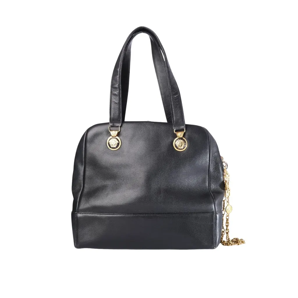 Gianni Versace Medusa Medallion Handbag- '80s Black Leather Good - Inside View