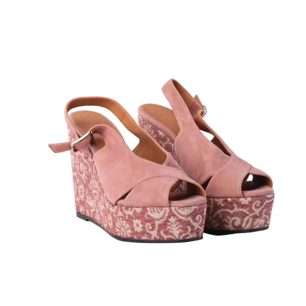 Unsigned Castañer Pink Suede Espadrille Wedge Sandals with Floral - '10s Pink Suede Good - Back View