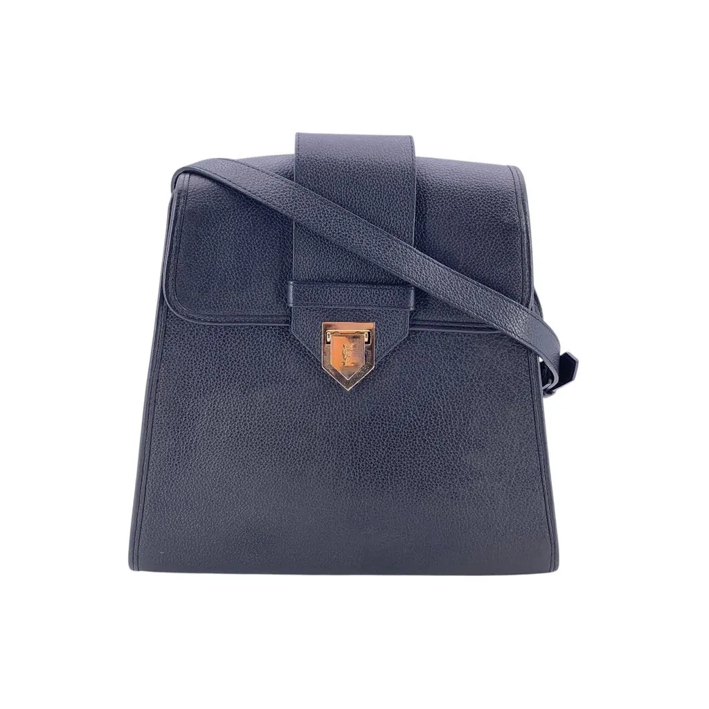 Saint Laurent Shoulder Bag Vintage Trapeze Black Leather Good - Front View