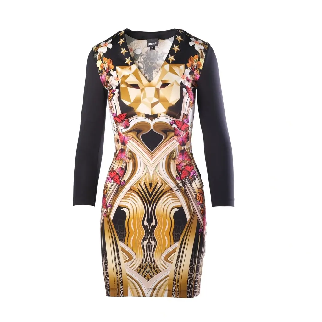 Just Cavalli Black Leo Butterfly Print Jersey Fitted Dress -'00s Black Good - Front View