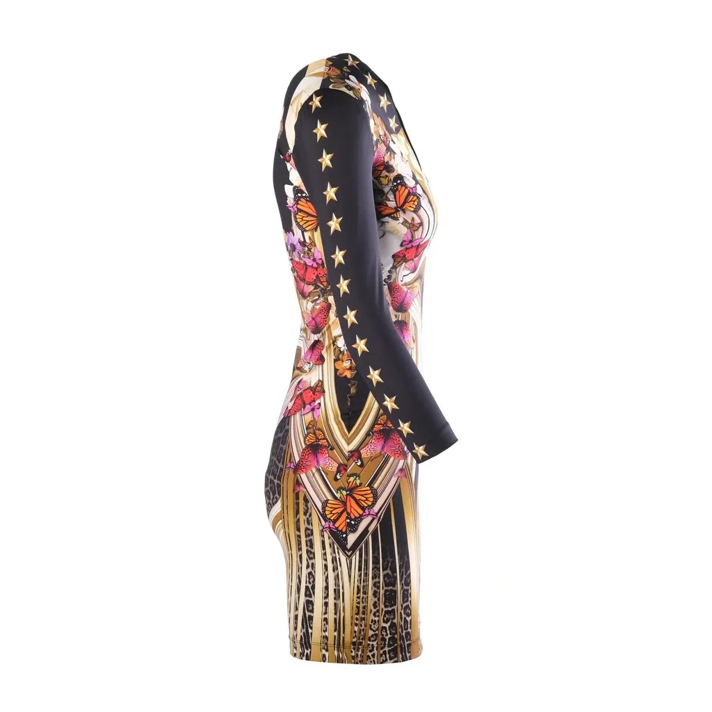 Just Cavalli Black Leo Butterfly Print Jersey Fitted Dress -'00s Black Good - Back View