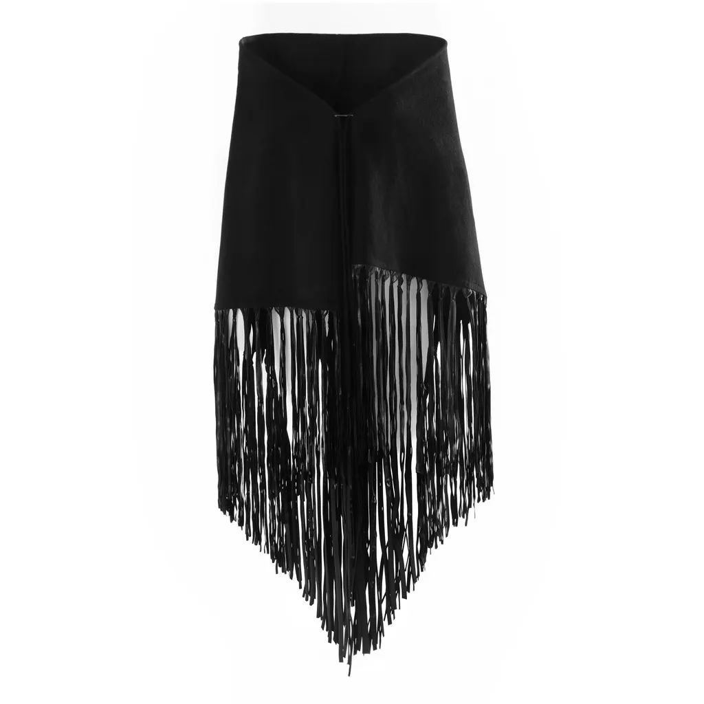 Hermès Black Cashmere & Leather Fringe Shawl -'00s Black Wool Good - Front View