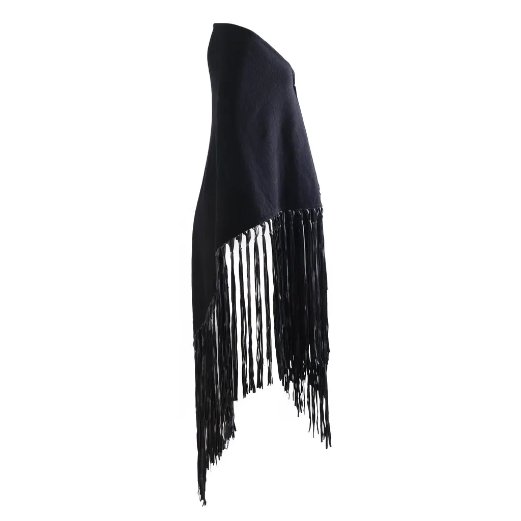 Hermès Black Cashmere & Leather Fringe Shawl -'00s Black Wool Good - Back View