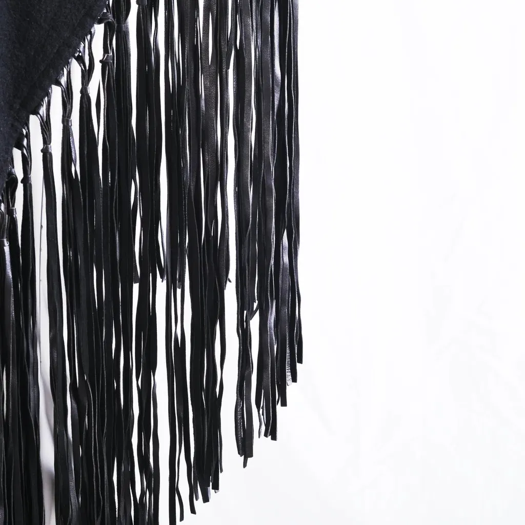Hermès Black Cashmere & Leather Fringe Shawl -'00s Black Wool Good - Model View