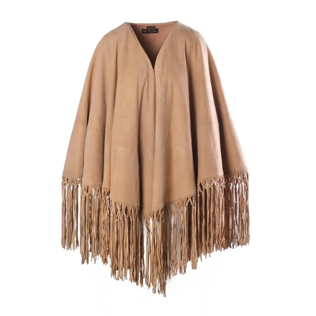 Loro Piana Suede Fringe Cape- '00s Beige Suede Good - Front View