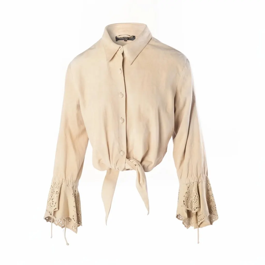 Roberto Cavalli Beige Suede Lace-Trim Tie-Front Blouse - '00s Beige Suede Good - Front View