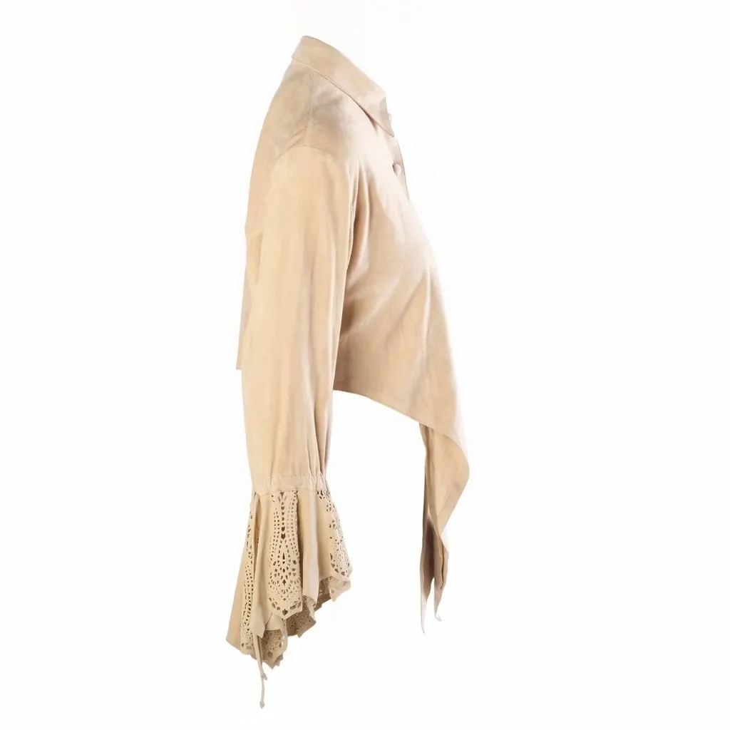 Roberto Cavalli Beige Suede Lace-Trim Tie-Front Blouse - '00s Beige Suede Good - Back View
