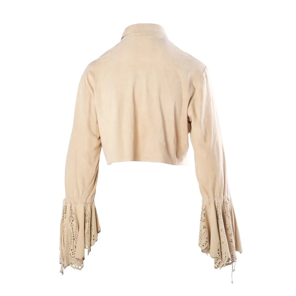 Roberto Cavalli Beige Suede Lace-Trim Tie-Front Blouse - '00s Beige Suede Good - Inside View