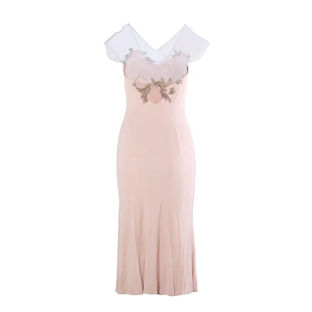 Blumarine Sheer Silk Slip Dress With Floral Appliqué - '90s Red Silk Good - Model View