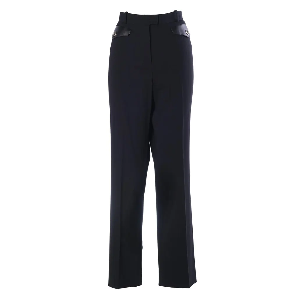 Giorgio Armani Black Tailored Trousers with Leather Details- '90s Black Leather Good - Front View