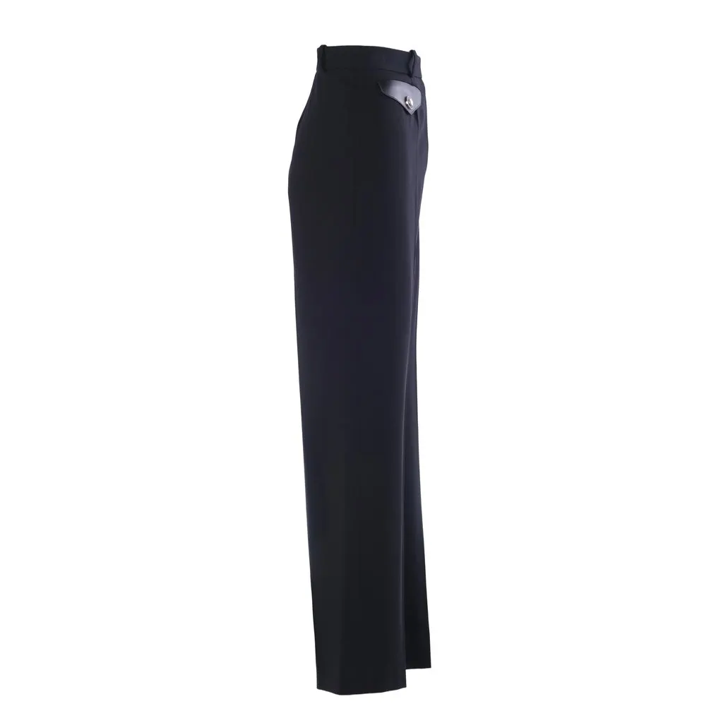Giorgio Armani Black Tailored Trousers with Leather Details- '90s Black Leather Good - Back View